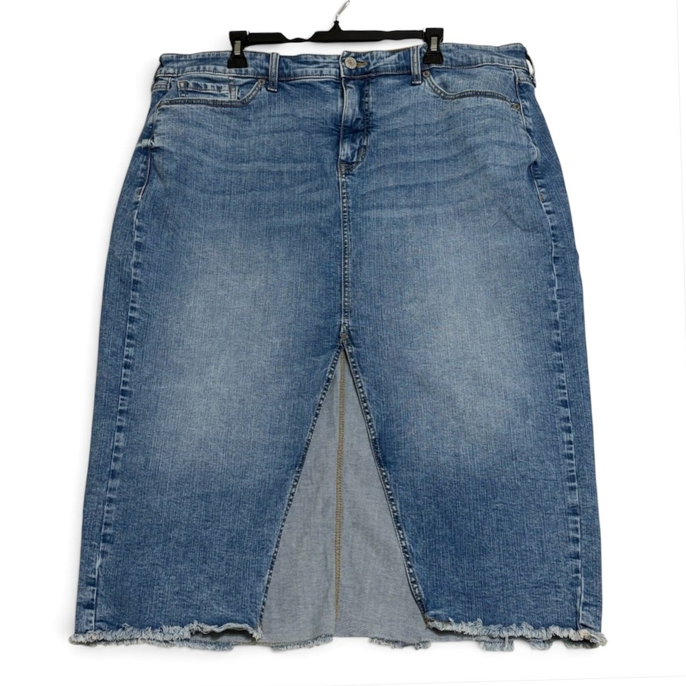 Torrid Denim Midi Skirt 20 Blue Women's Raw Hem Front Slit Five-Pocket Excellent